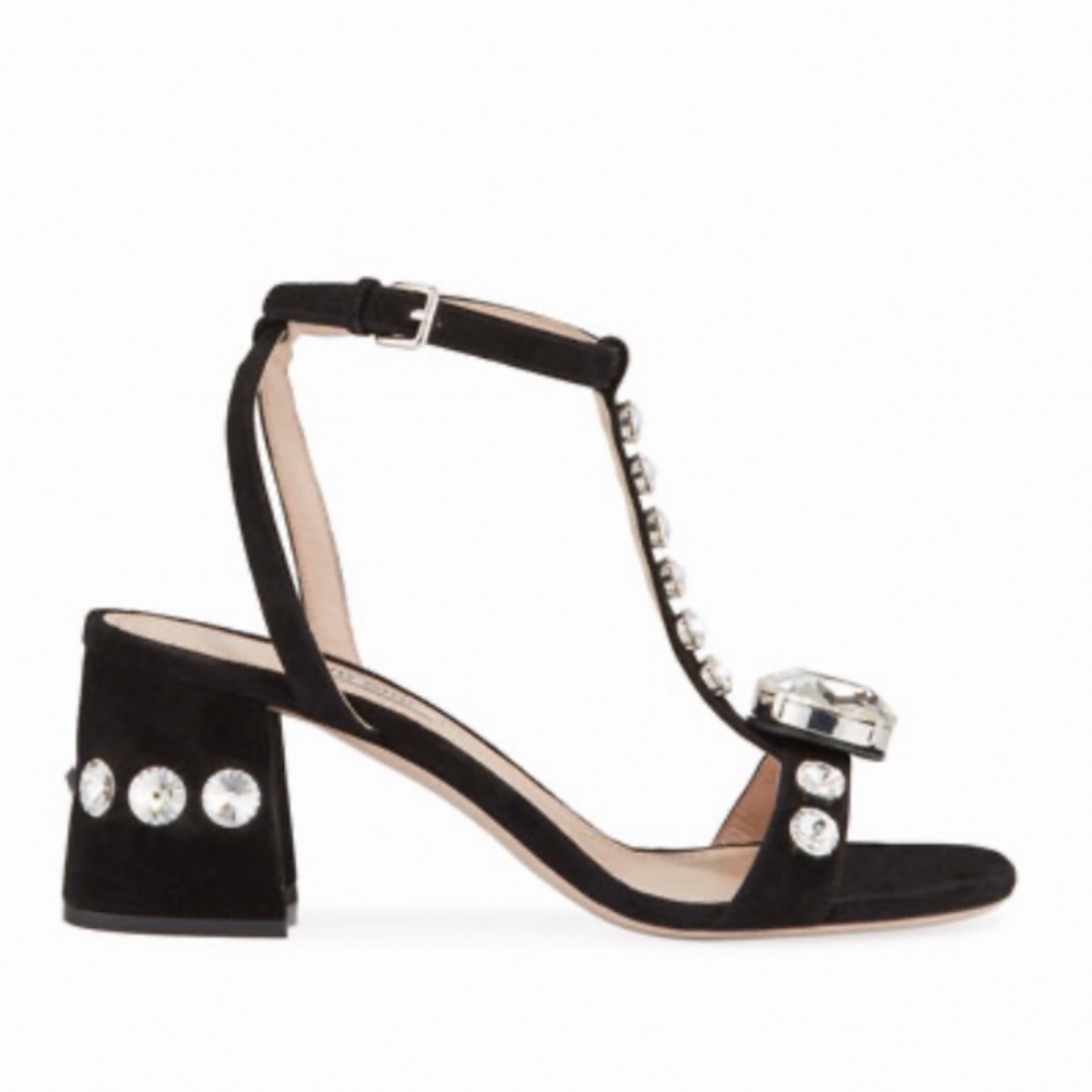 MIU MIU T-STRAP CRYSTAL SANDALS IN BLACK SUEDE WITH BLOCK HEEL SIZE US 8